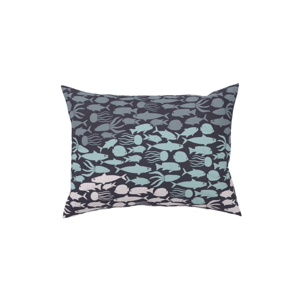 Fish School in Gray Aqua Dark Background Pillow, Woven, Black, 12x16, Single Sided, Blue, True Blue