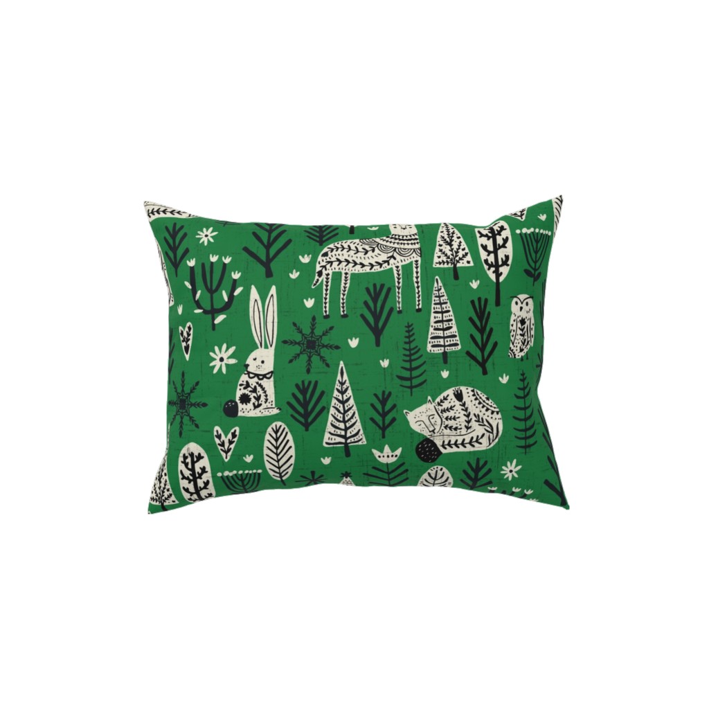 Scandi Snowflake Holiday - Alligator Green With Vanilla & Black Pillow, Woven, Black, 12x16, Single Sided, Green