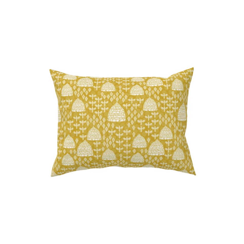 Bee Hives, Spring Florals Linocut Block Printed - Golden Yellow Pillow, Woven, Black, 12x16, Single Sided, Yellow, Classic Yellow