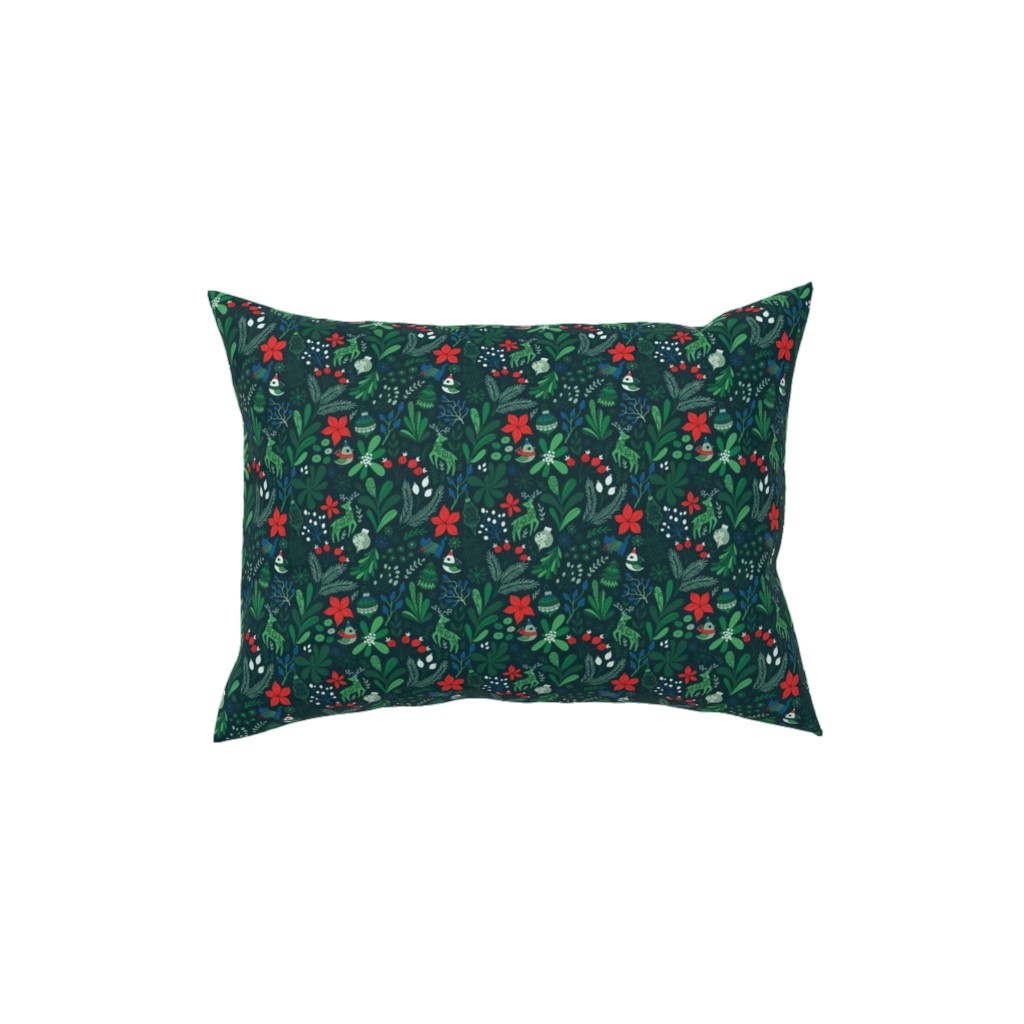 Merry Christmas Floral - Dark Pillow, Woven, Black, 12x16, Single Sided, Green