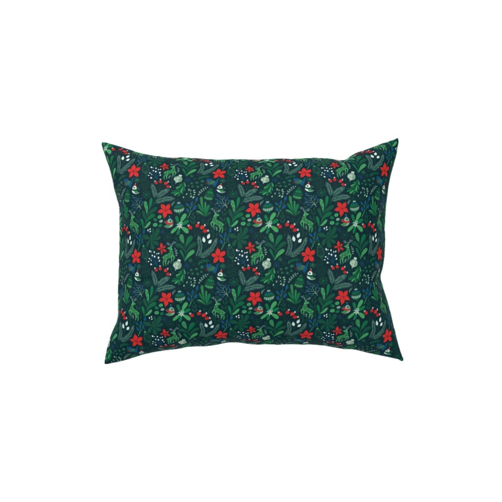 Merry Christmas Floral - Dark Pillow, Woven, Black, 12x16, Single Sided, Green, Classic Green