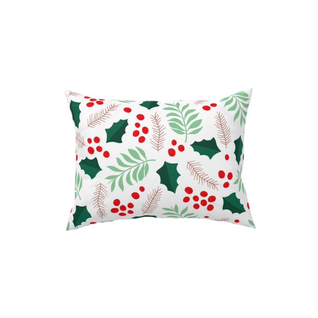 Botanical Christmas Garden Pine Leaves Holly Branch Berries - Green and Red Pillow, Woven, Black, 12x16, Single Sided, Green