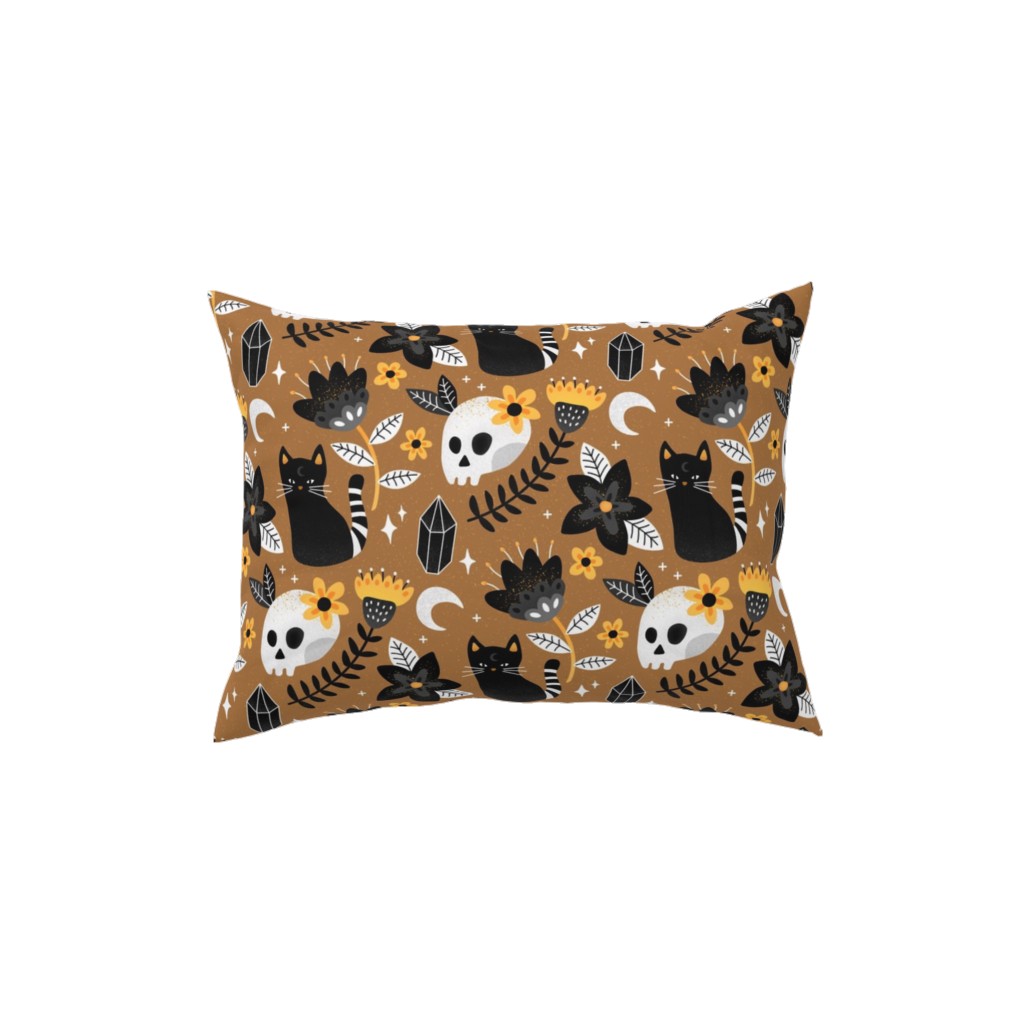Black Cat & Floral Skull Pillow, Woven, Black, 12x16, Single Sided, Brown