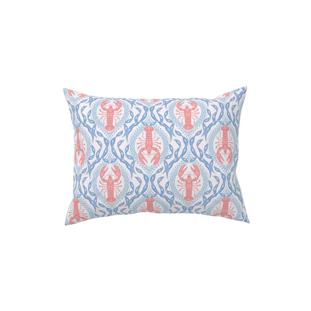 Lobster and Seaweed Nautical Damask - White, Coral Pink and Cornflower Blue Pillow, Woven, Beige, 12x16, Single Sided, Blue