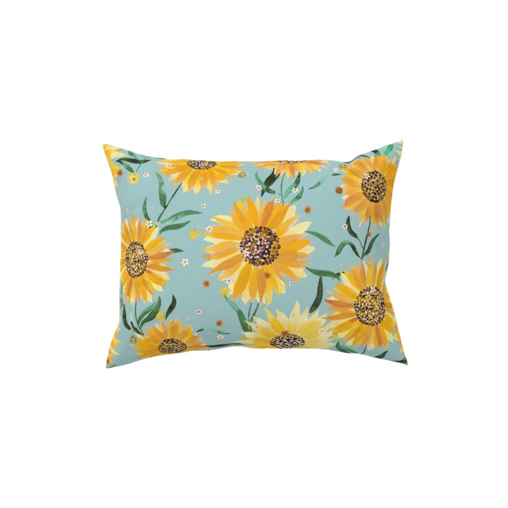 Watercolor Sunflowers - Yellow on Blue Pillow, Woven, Beige, 12x16, Single Sided, Yellow