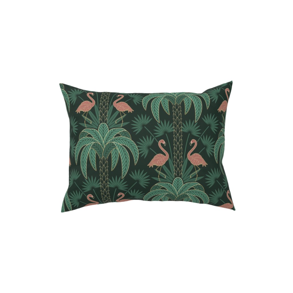 Palm Trees and Flamingos Deco Tropical Damask - Green Pillow, Woven, Beige, 12x16, Single Sided, Green
