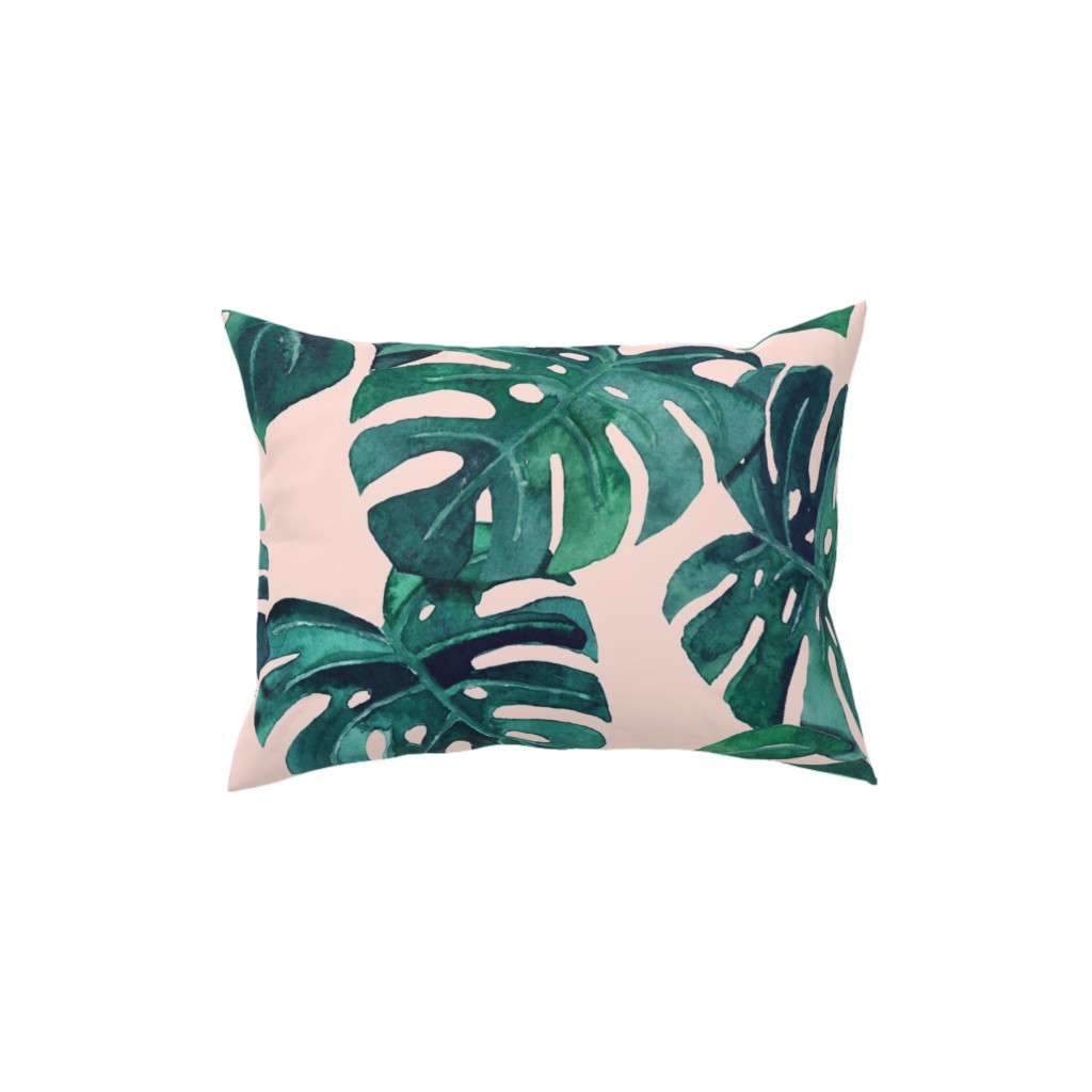 Watercolor Monstera Leaves - Green on Blush Pink Pillow, Woven, Beige, 12x16, Single Sided, Green