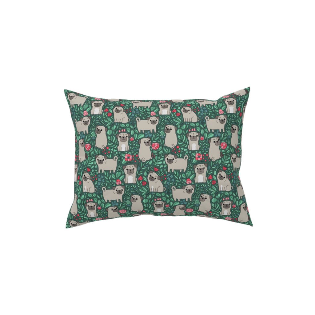 Cute Pugs and Flowers - Multicolor Pillow, Woven, Beige, 12x16, Single Sided, Green, Classic Green