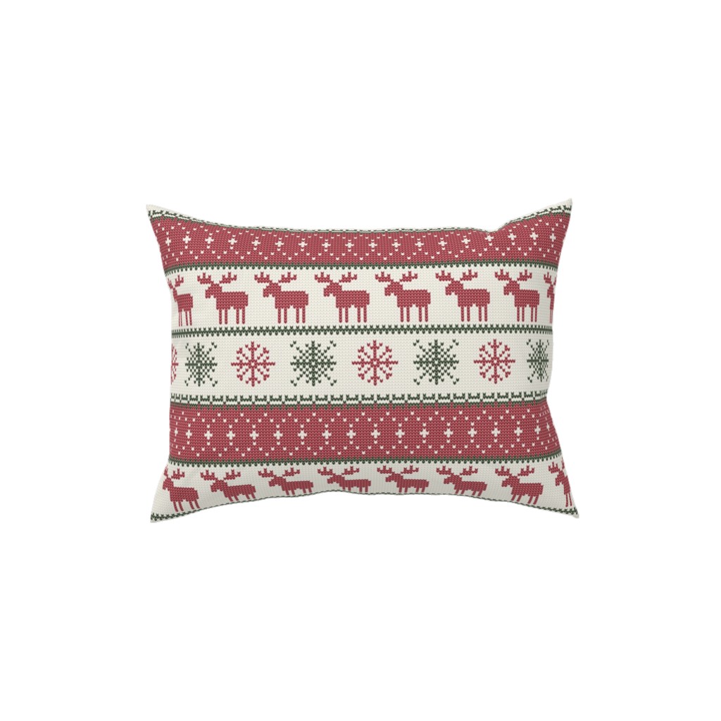 Fair Isle Moose - Red, Green and Cream Pillow, Woven, Beige, 12x16, Single Sided, Multicolor
