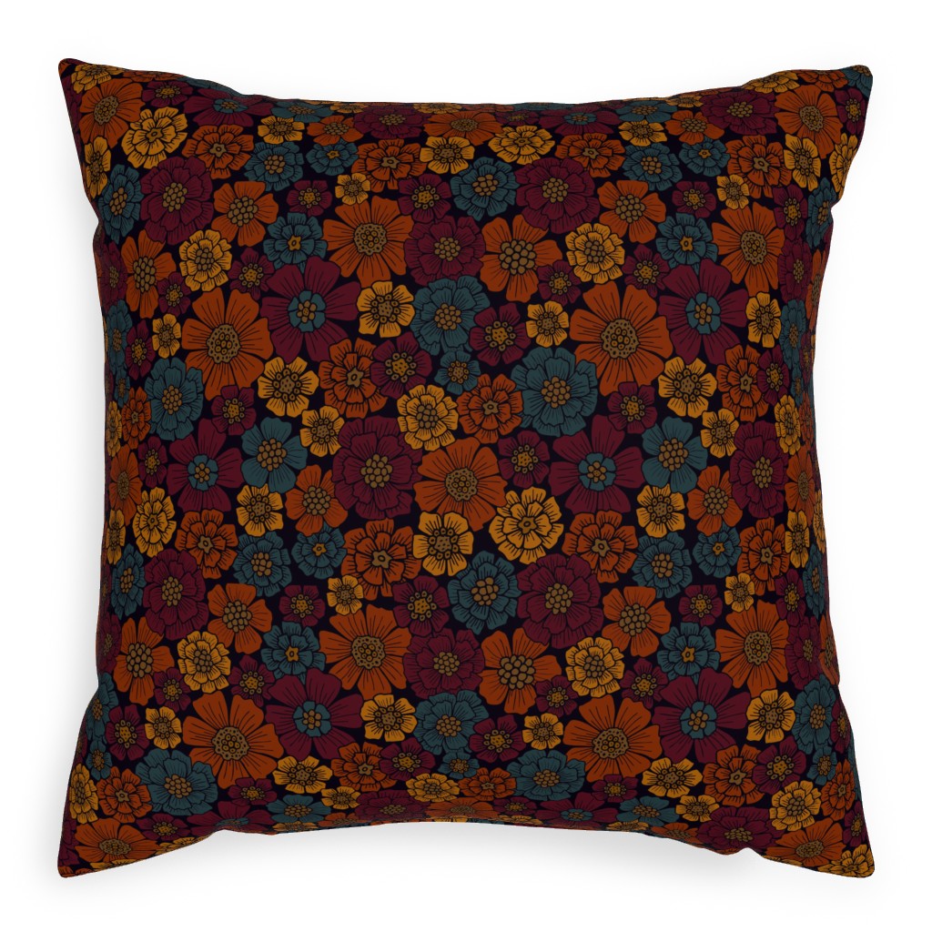 Burgundy, Rust, Mustard & Teal Floral Pillow, Woven, Black, 20x20, Single Sided, Red