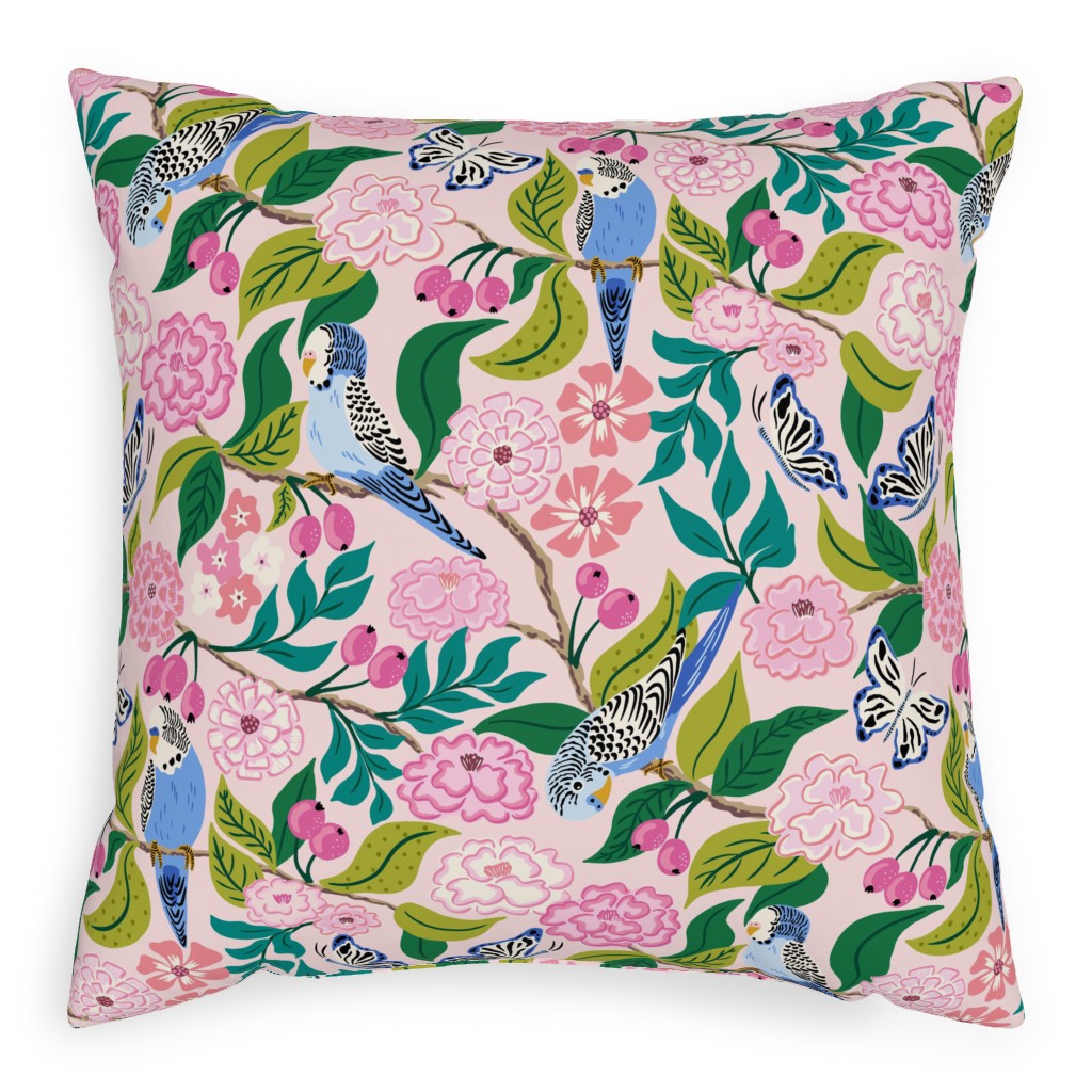 Budgies and Butterflies - Pink and Green Pillow, Woven, Black, 20x20, Single Sided, Pink