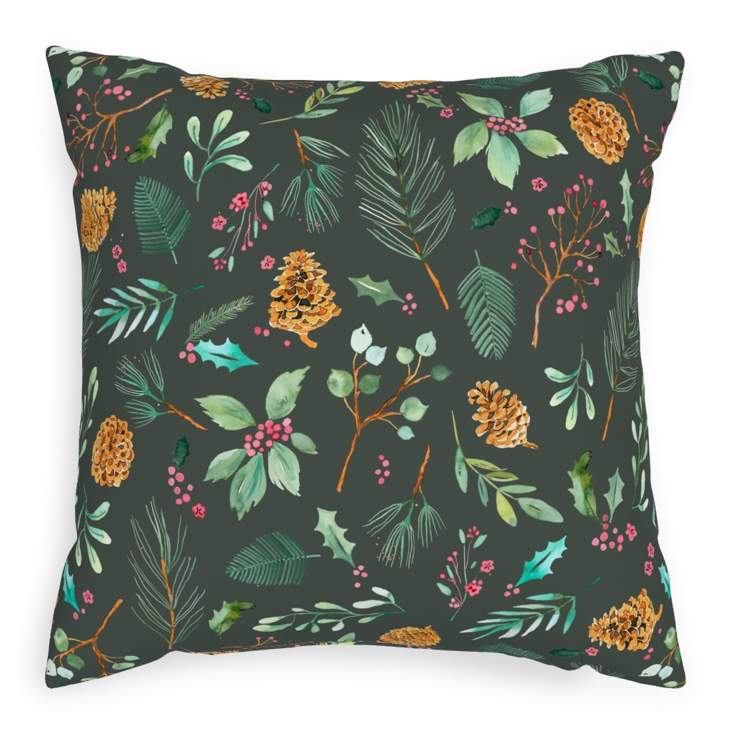 Christmas Holiday Botanical on Dark Green Pillow, Woven, Black, 20x20, Single Sided, Blue, True Blue