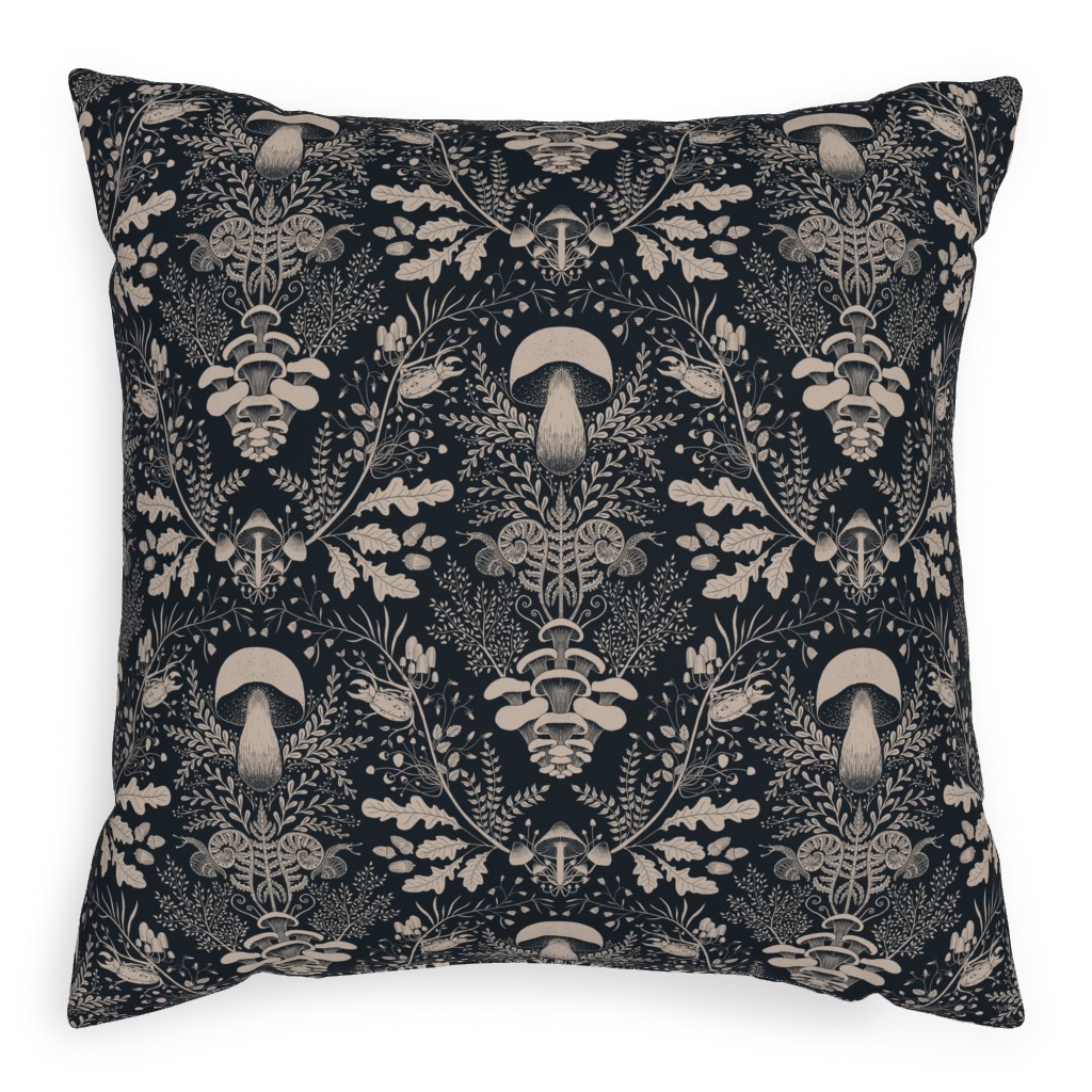 Mushroom Forest Damask - Dark Pillow, Woven, Black, 20x20, Single Sided, Black