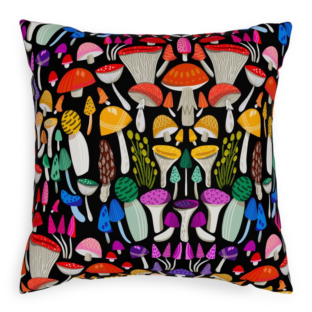 Magic Mushrooms - Multicolor Pillow, Woven, Black, 20x20, Single Sided, Multicolor