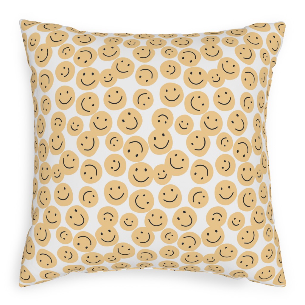 Happy Smiley Faces - Yellow Pillow, Woven, Black, 20x20, Single Sided, Yellow