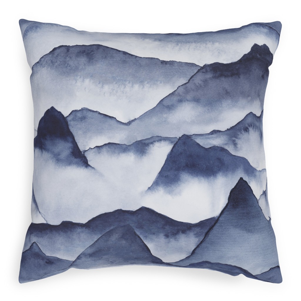 Watercolor Mountains - Blue Pillow, Woven, Black, 20x20, Single Sided, Blue