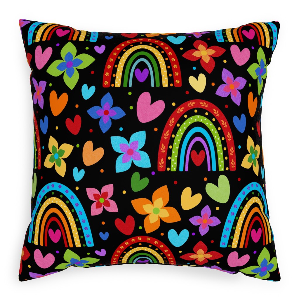 Colorful Rainbows, Flowers, Hearts - Black Pillow, Woven, Black, 20x20, Single Sided, Multicolor