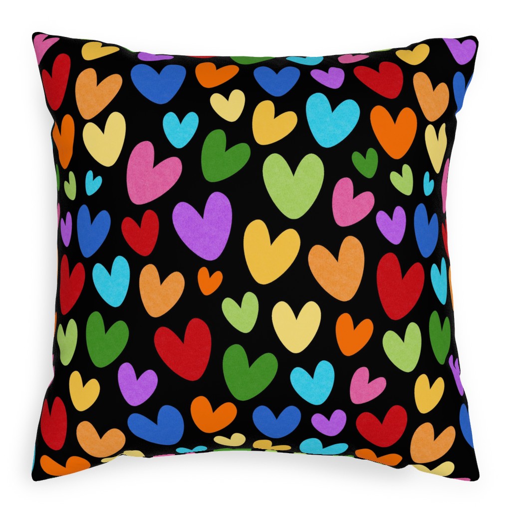 Rainbow Hearts - Black Pillow, Woven, Black, 20x20, Single Sided, Multicolor
