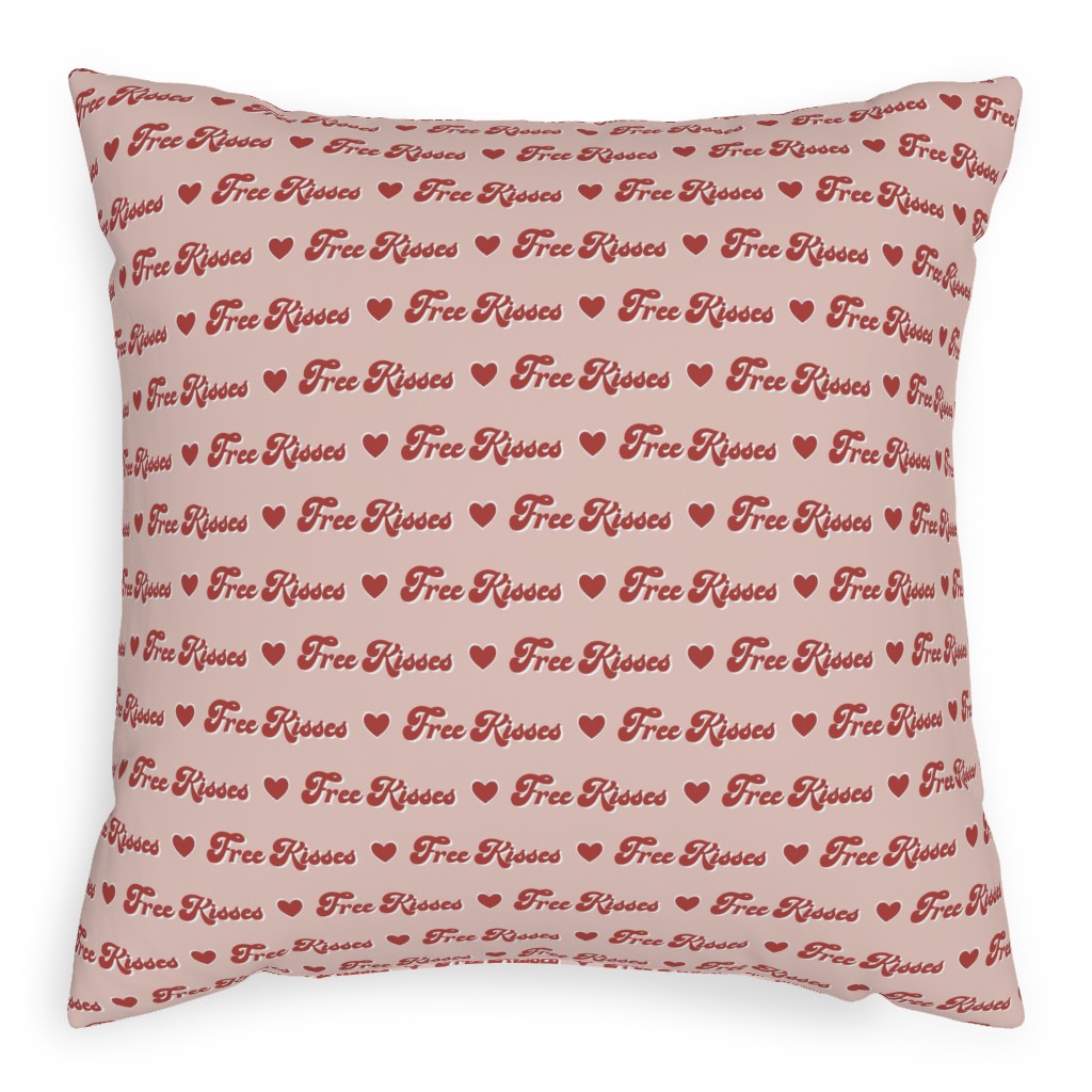 Free Kisses - Retro Hearts - Red on Pink Pillow, Woven, Black, 20x20, Single Sided, Pink, Bright Pink