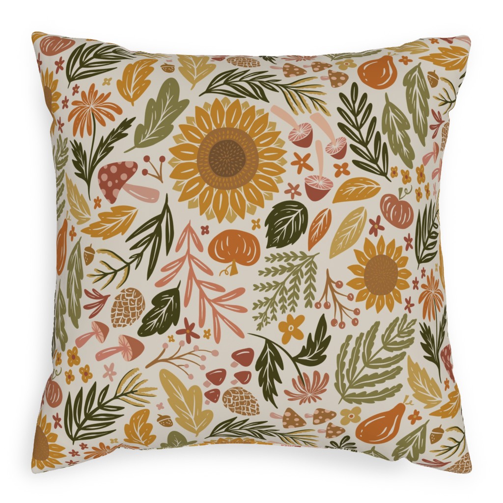 Autumn Botanicals - Leaves, Acorns, Sunflowers, Ferns, Mums, Pinecones, Mushrooms - Light Pillow, Woven, Black, 20x20, Single Sided, Multicolor