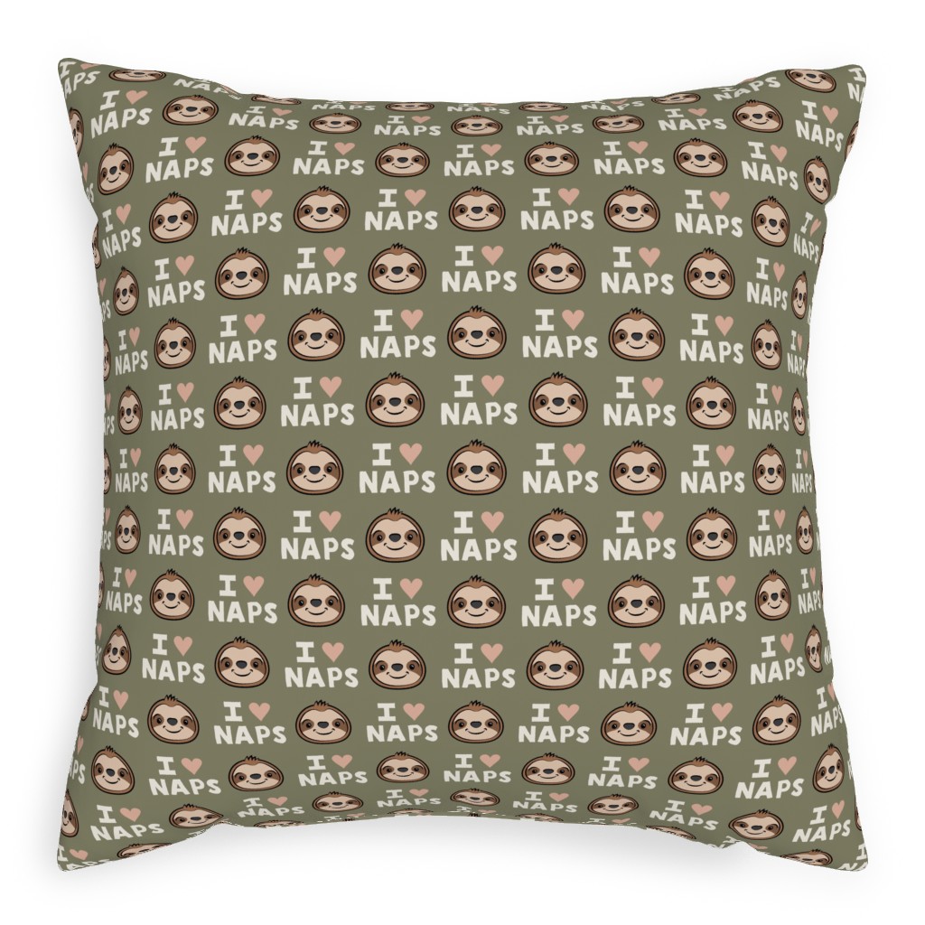 I Heart Naps - Cute Sloths - Olive Green Pillow, Woven, Black, 20x20, Single Sided, Green