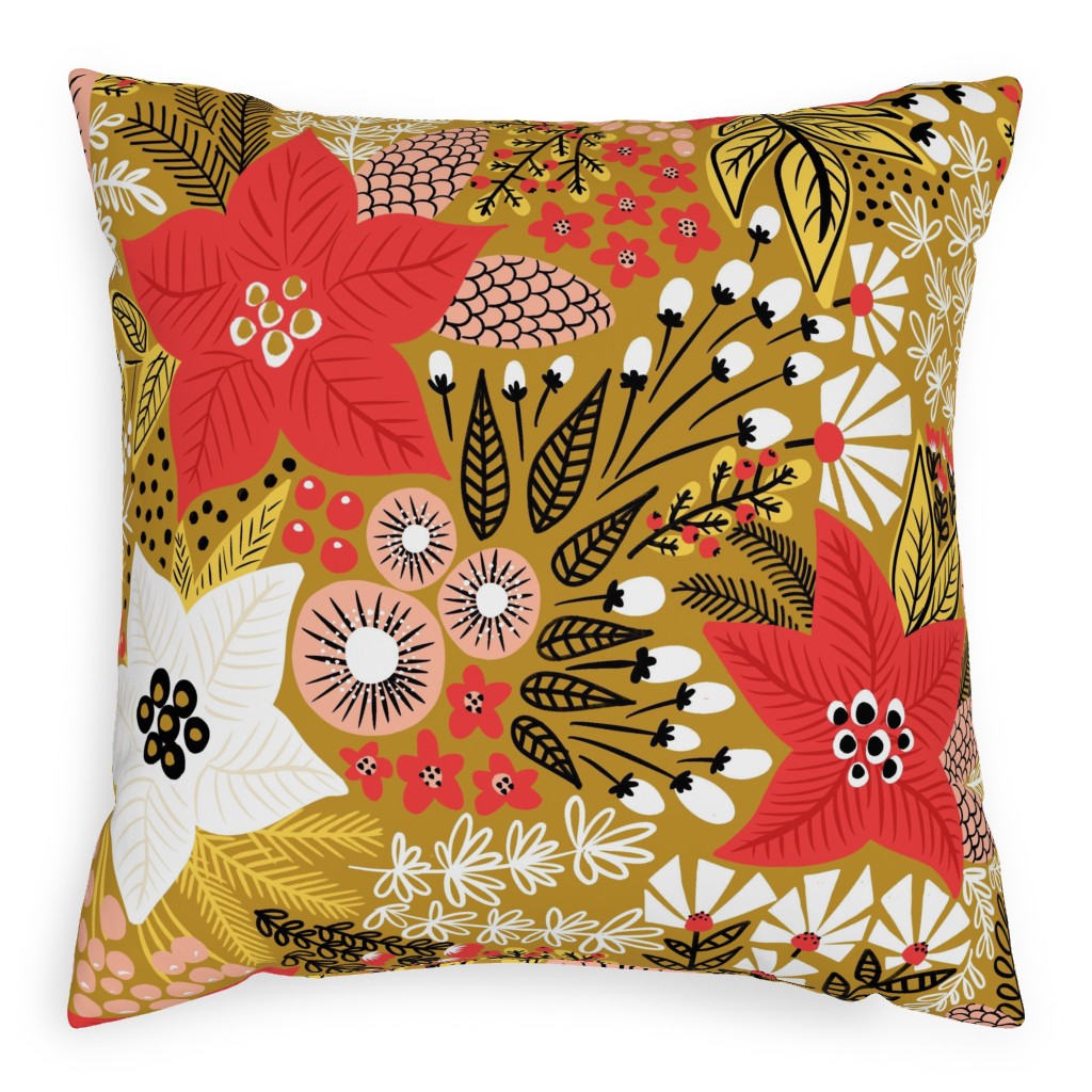 Poinsettia Christmas Flower - Multi Pillow, Woven, Black, 20x20, Single Sided, Multicolor