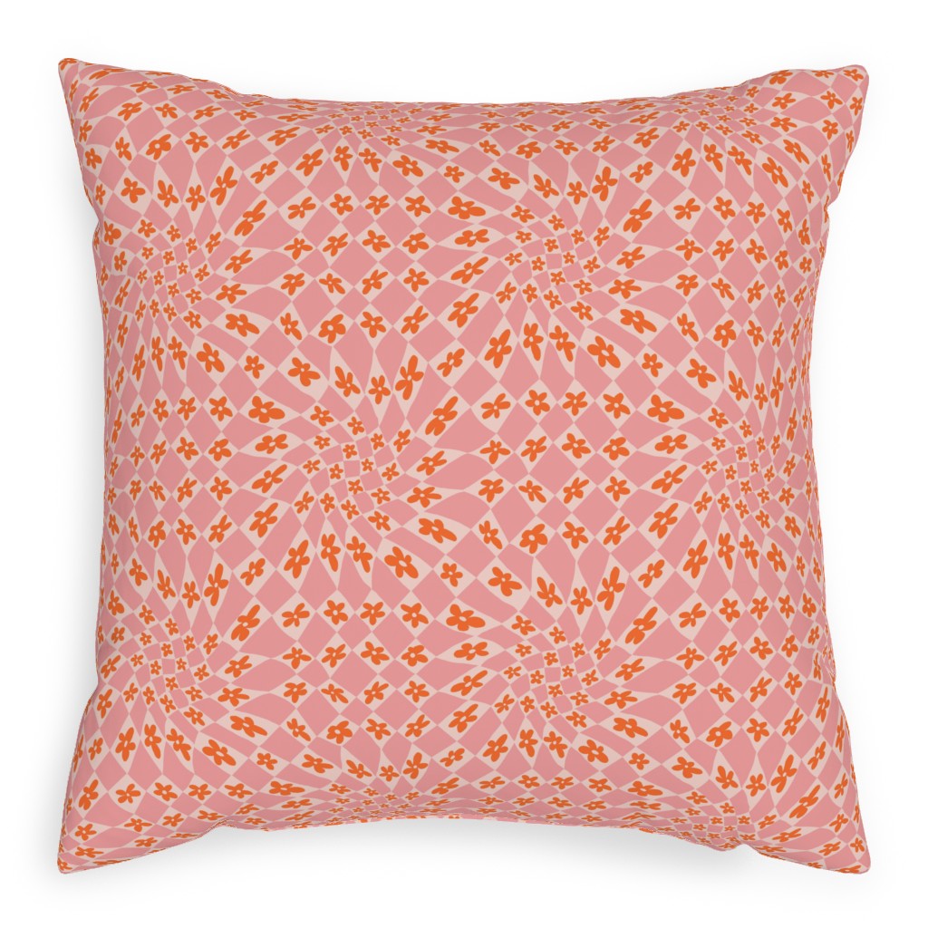Trippy Checker - Floral - Pink and Orange Pillow, Woven, Black, 20x20, Single Sided, Pink
