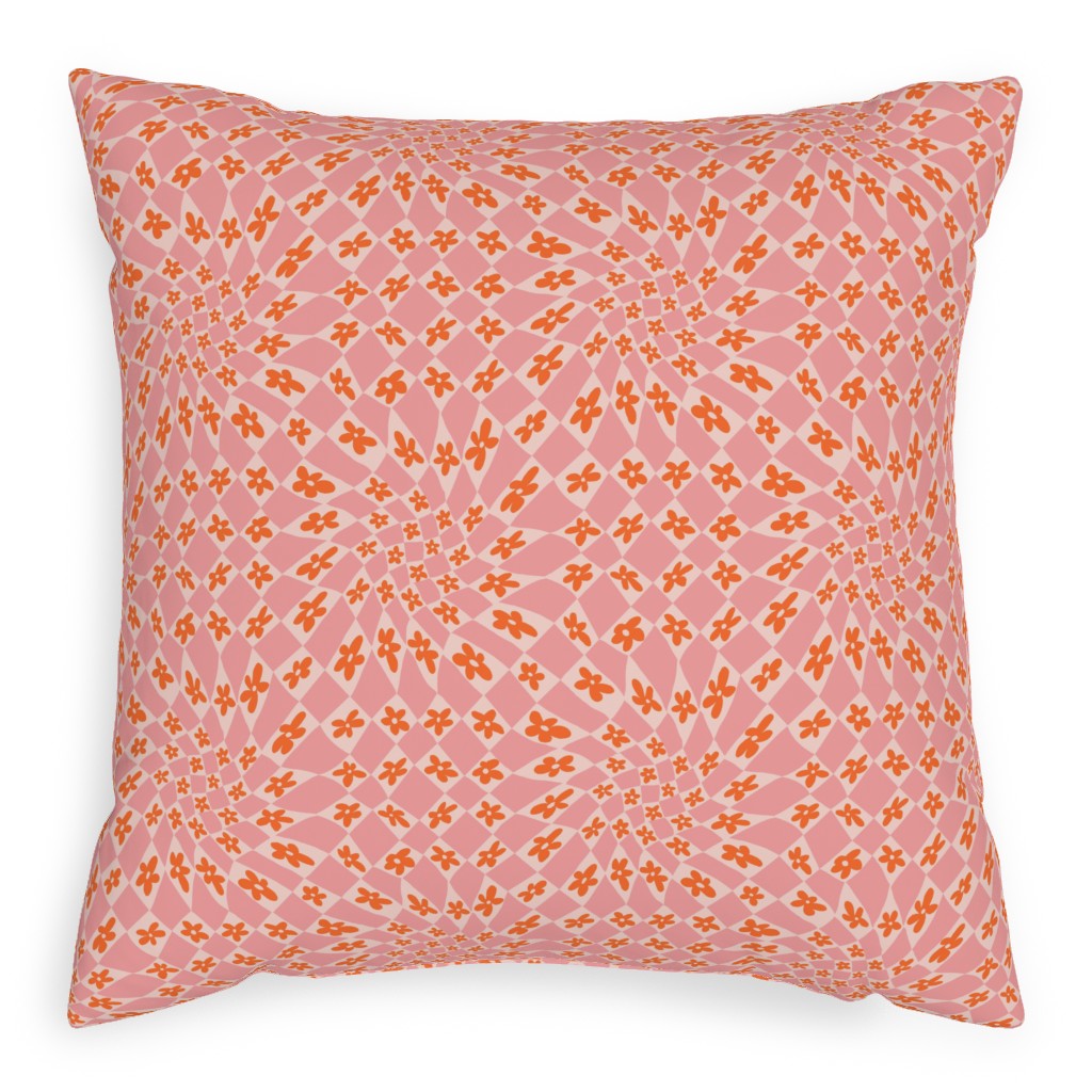 Trippy Checker - Floral - Pink and Orange Pillow, Woven, Black, 20x20, Single Sided, Pink, Bright Pink