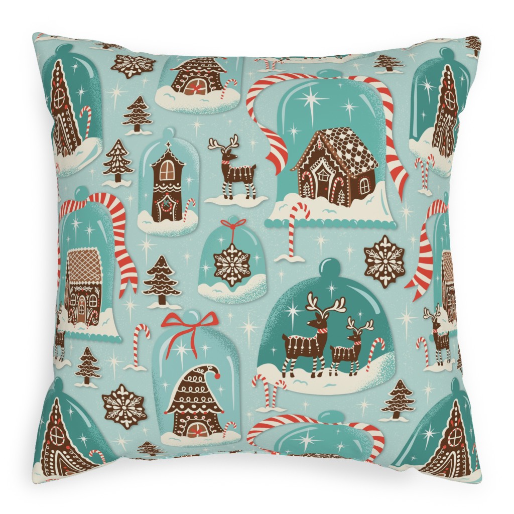Christmas Gingerbread Village - Aqua Pillow, Woven, Black, 20x20, Single Sided, Blue