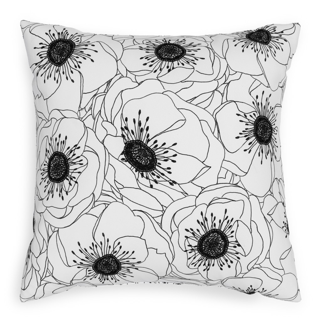 White Anemones - Neutral Pillow, Woven, Black, 20x20, Single Sided, White