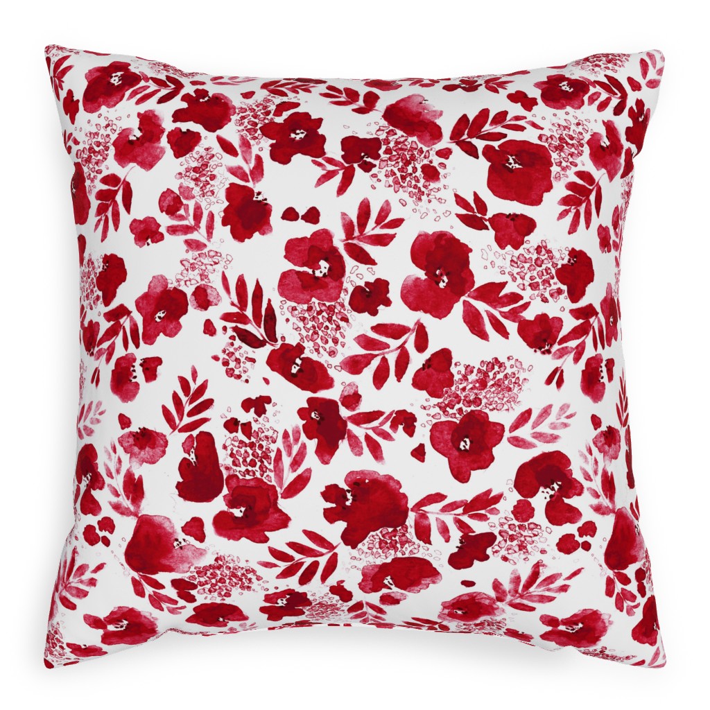 Floret Floral - Red Pillow, Woven, Black, 20x20, Single Sided, Red