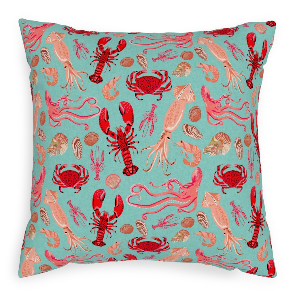 Ocean Creatures - Red on Green Pillow, Woven, Black, 20x20, Single Sided, Red