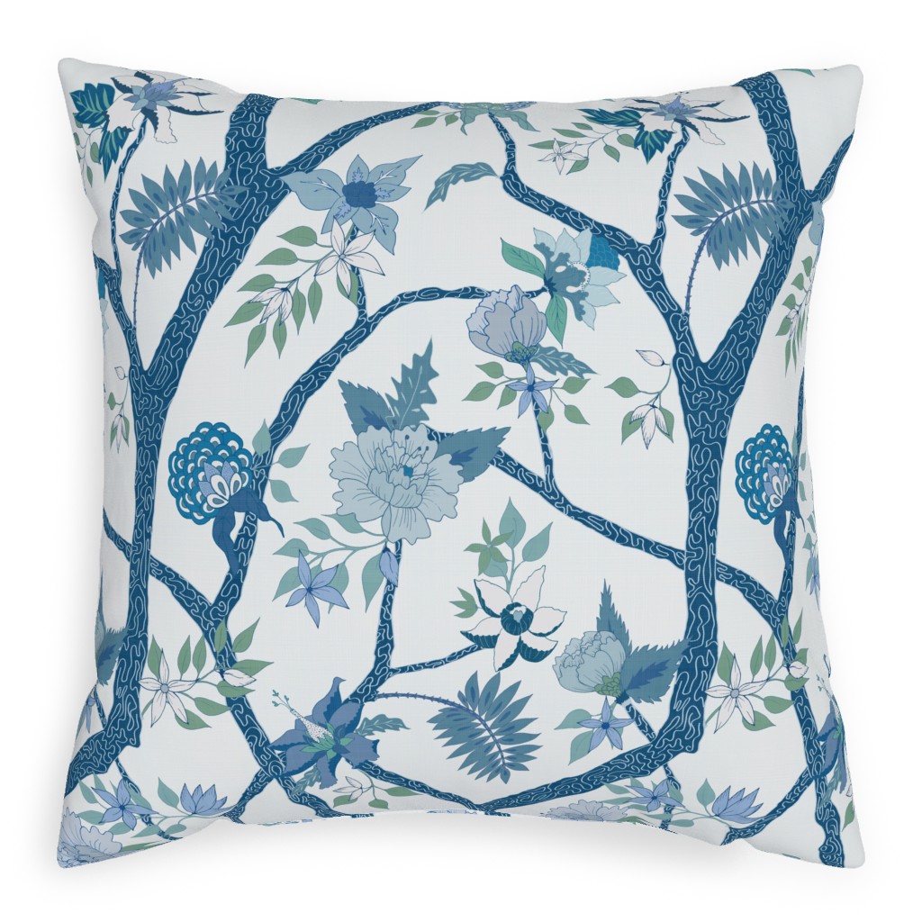 Peony Branch Mural - Blue and Green Pillow, Woven, Black, 20x20, Single Sided, Blue, True Blue