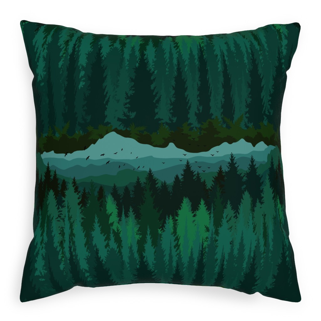 Mountain Landscape - Green Pillow, Woven, Black, 20x20, Single Sided, Green