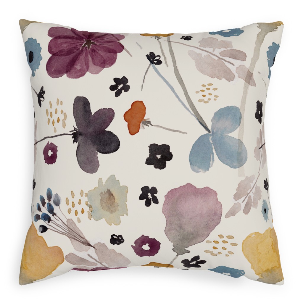 Watercolor Floral - Multi Pillow, Woven, Black, 20x20, Single Sided, Multicolor