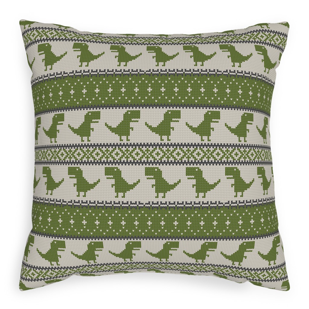 Fair Isle T-Rex Dino - Green Pillow, Woven, Black, 20x20, Single Sided, Green, Classic Green