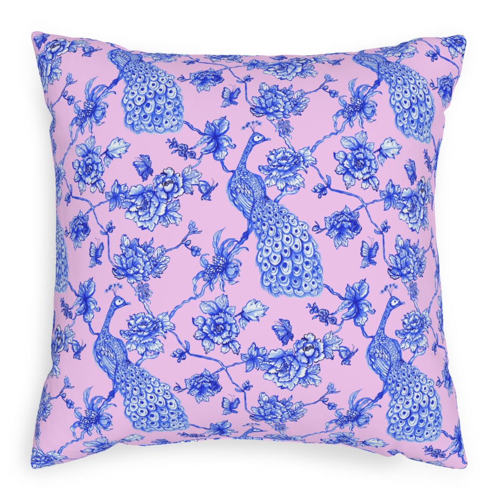 Chinoiserie Peacock Floral Pillow, Woven, Black, 20x20, Single Sided, Pink, Bright Pink