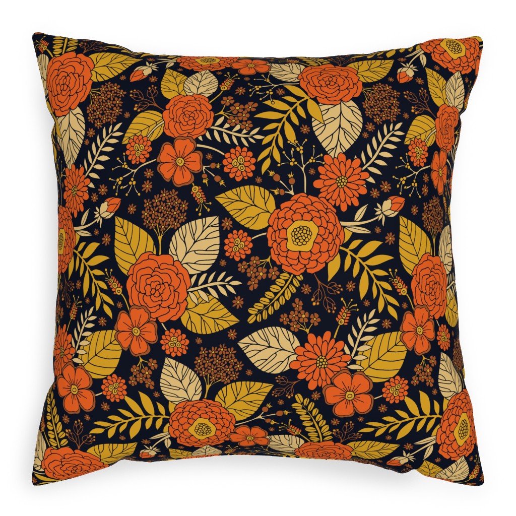 Retro Floral - Orange Brown and Yellow Pillow, Woven, Black, 20x20, Single Sided, Orange