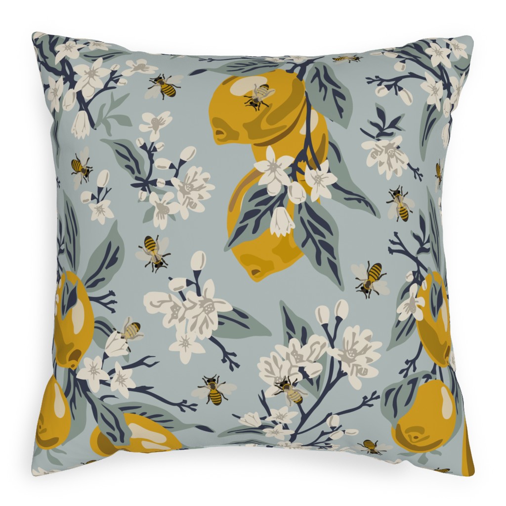 Bees & Lemons Pillow, Woven, Black, 20x20, Single Sided, Blue, Celeste
