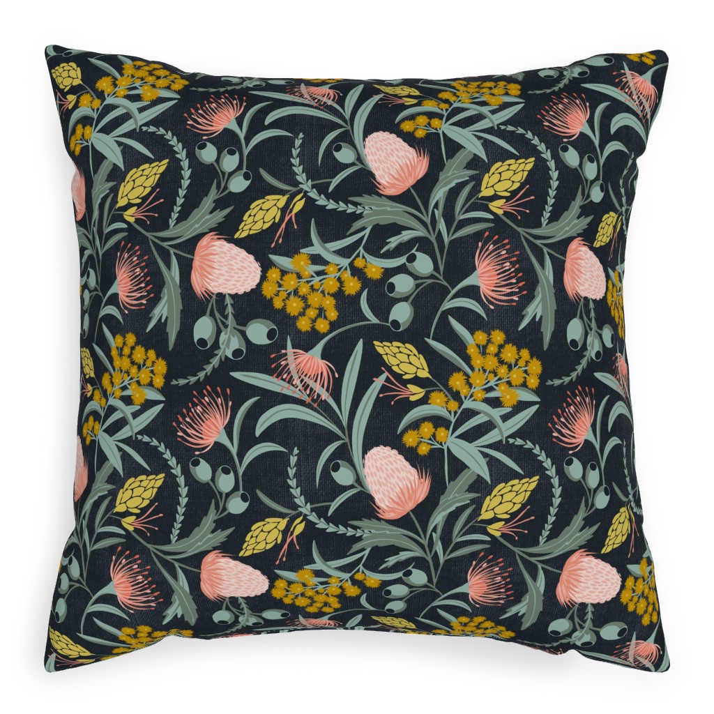 Flora Australis - Dark Pillow, Woven, Black, 20x20, Single Sided, Multicolor