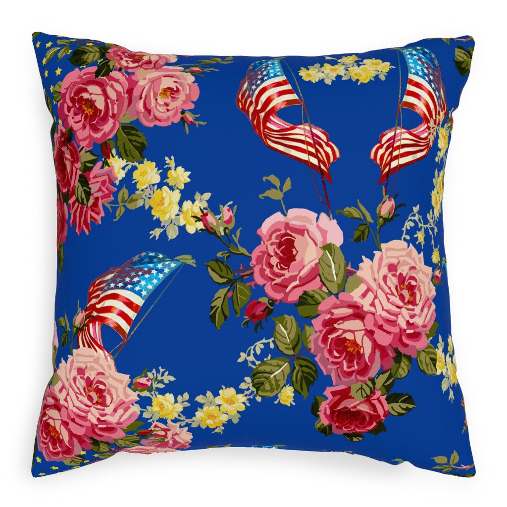 Americana Summer Roses - Blue Pillow, Woven, Black, 20x20, Single Sided, Blue, True Blue