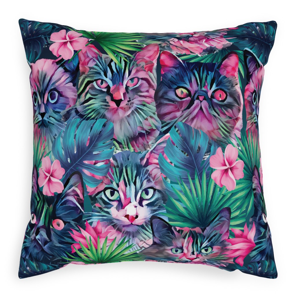Cats and Summer Floral - Multi Pillow, Woven, Black, 20x20, Single Sided, Multicolor