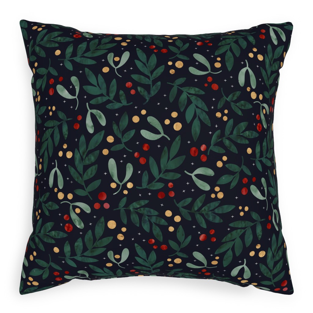 Christmas Berries - Dark Pillow, Woven, Black, 20x20, Single Sided, Green