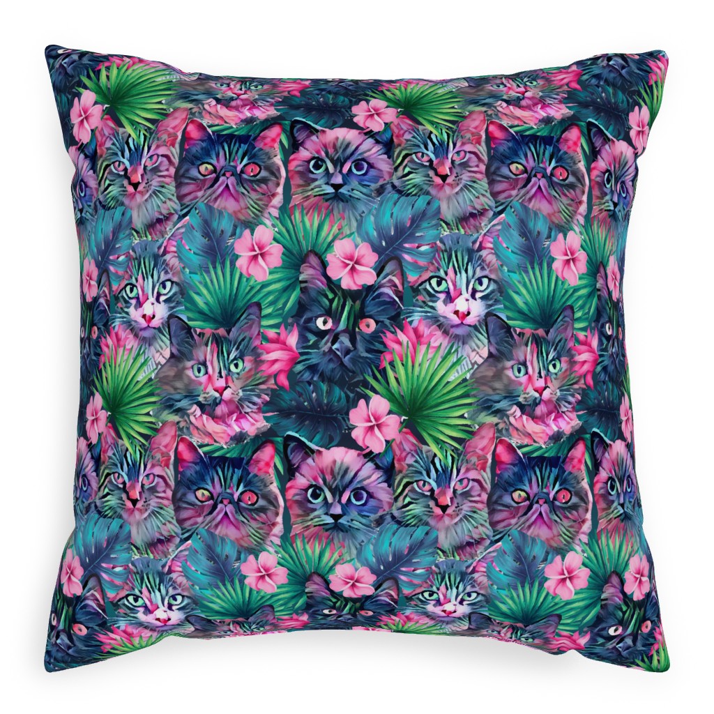 Summer Floral Cats - Multi Pillow, Woven, Black, 20x20, Single Sided, Multicolor