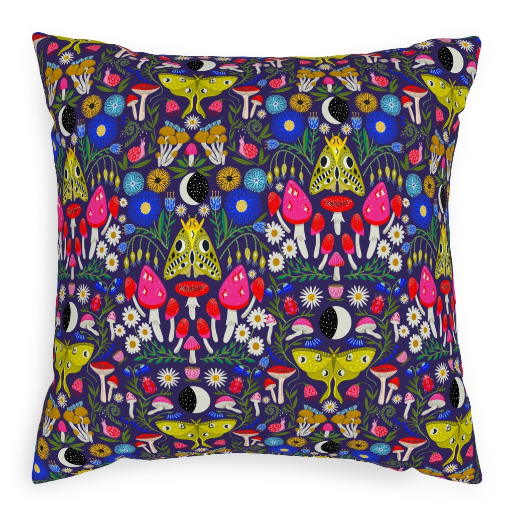 Moth Moon Mushroom - Multicolor Pillow, Woven, Black, 20x20, Single Sided, Multicolor