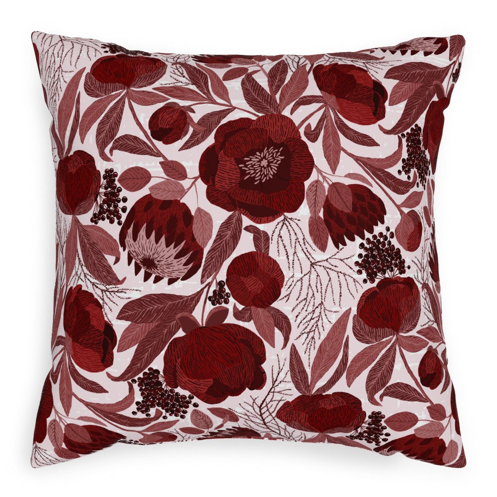 Peony and King Protea - Burgundy Pillow, Woven, Black, 20x20, Single Sided, Red