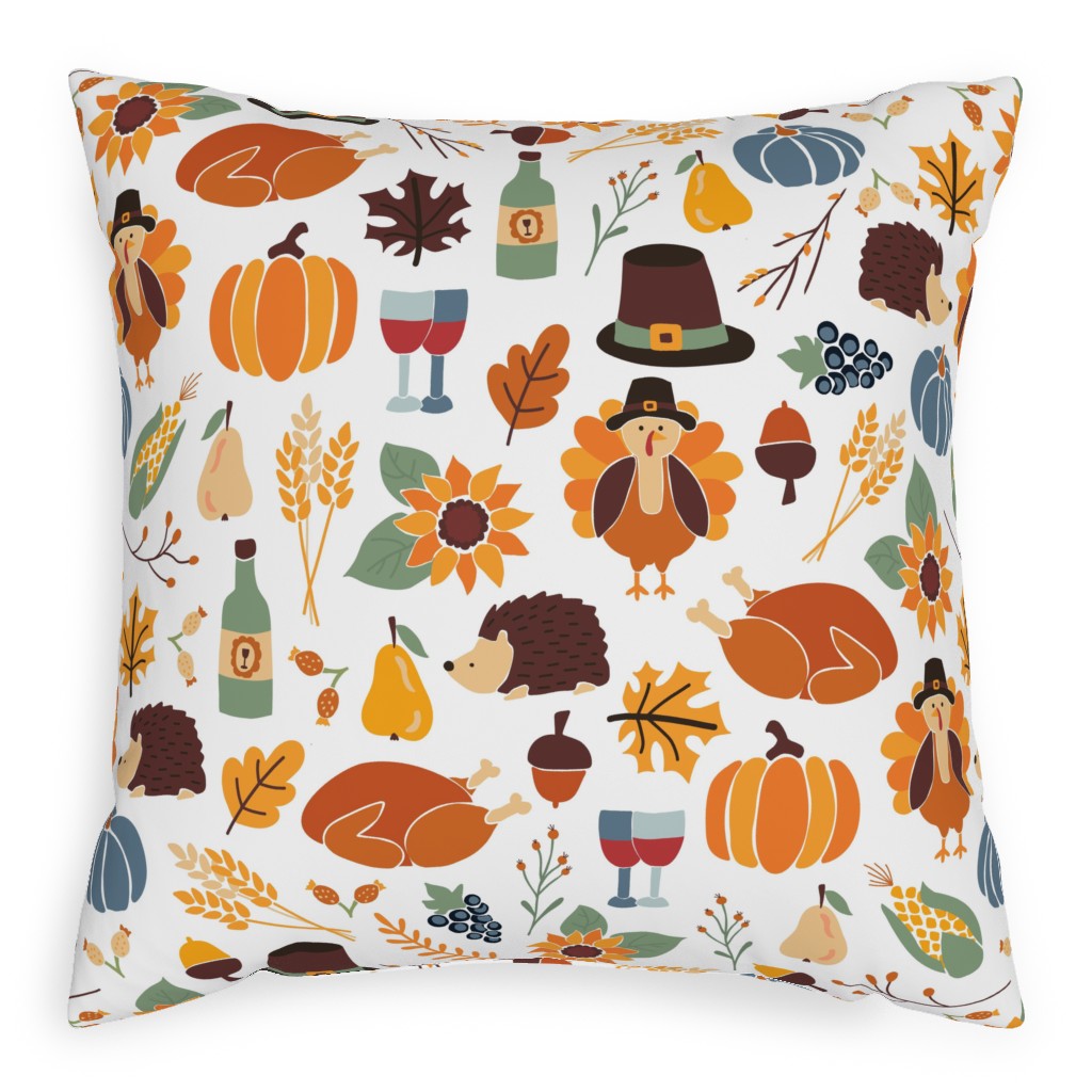 Thanksgiving - Multi on White Pillow, Woven, Black, 20x20, Single Sided, Multicolor