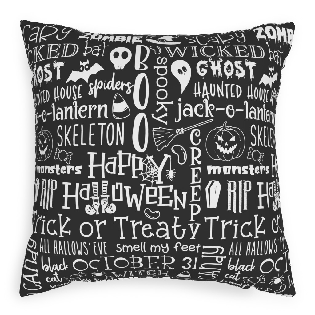Halloween Typography - White on Dark Grey Pillow, Woven, Beige, 20x20, Single Sided, Black