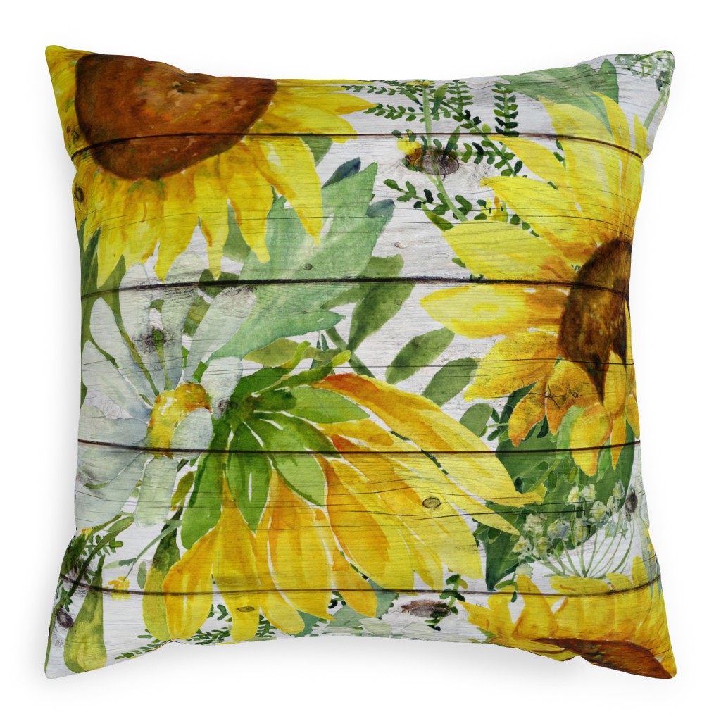 Watercolor Sunflowers and Daisies - Multi Pillow, Woven, Beige, 20x20, Single Sided, Multicolor