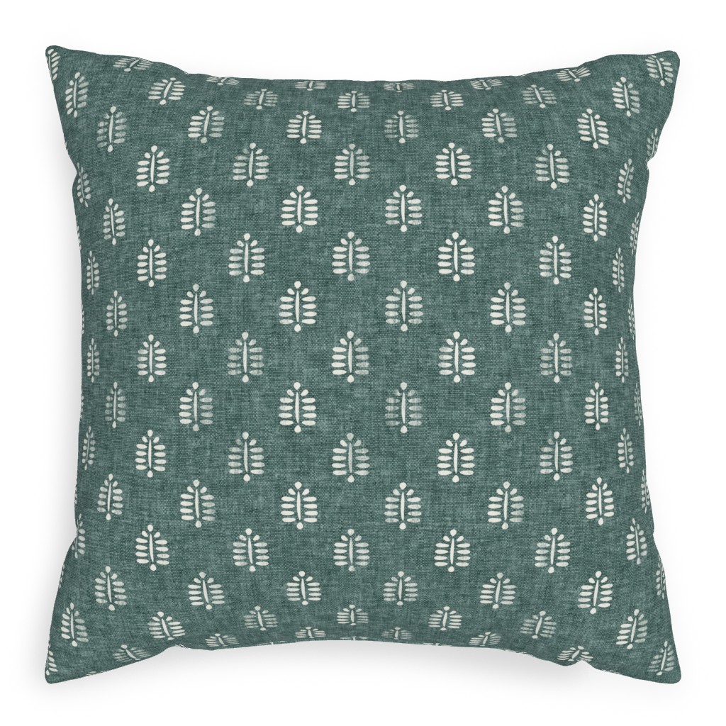 Block Print Fern on Dark Jade Pillow, Woven, Beige, 20x20, Single Sided, Green